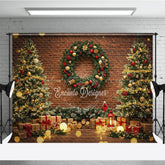 Lofaris Rustic Christmas Photography Backdrop Brick Wall with Trees and Wreath Bokeh Lights Holiday Photo Background